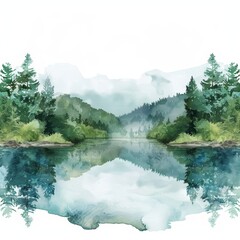Mountain Lake Landscape with Forest and Reflection Painting