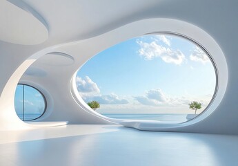 Fototapeta premium Modern White Interior with Ocean View and Organic Windows