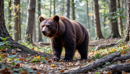 Fototapeta premium Brown Bear Exploring a Sunlit Forest Surrounded by Autumn Leaves and Trees
