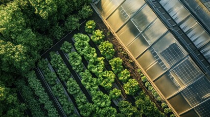 Aerial View of Urban Farming: Greenhouse and Organic Vegetable Garden