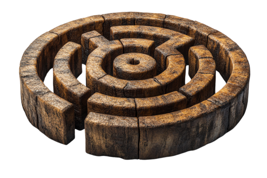 Intricate wooden maze design on white isolated background, perfect for puzzles or architectural exploration.