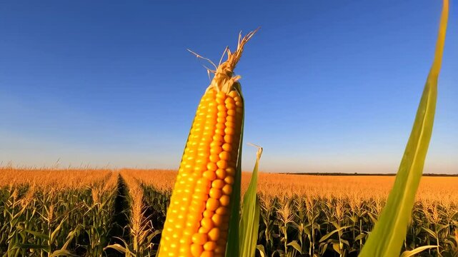 Single corn ear stands tall among field rows under a clear blue sky at sunset. Grain farm agriculture with ripe harvest.