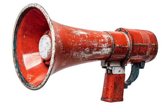 Old, weathered megaphone isolated on a white background, symbolizing communication and social activism.