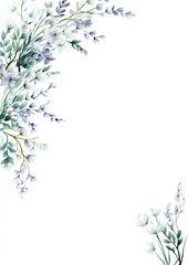 Vertical watercolor floral border with delicate spring flowers in pastel lavender white and pale green gracefully curving for 5x7 inch wedding invitation design
