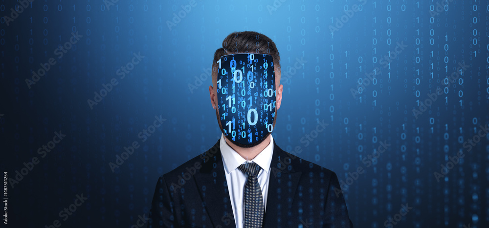 Poster businessman with digital binary mask on face symbolizing data id