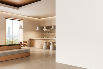 Modern interior kitchen and lounge area with wooden accents and pendant lights in neutral tones with large window and city view in background. 3D Rendering