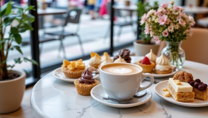 Coffee Cup Surrounded by Assorted Desserts and Flowers on a Table in a Bright Cafe Setting