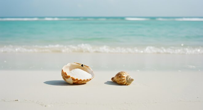 Seashells Filled with Sea Salt on a Pristine Beach: Tranquil Summer Vacation