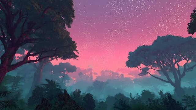 Pixel art forest at twilight. Pink and teal sky, silhouetted trees, misty atmosphere. 8 bit style, digital art, tranquil scene.