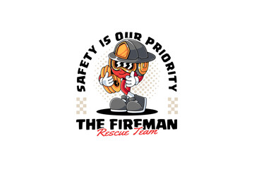 fireman safety helmet retro cartoon character mascot illustration with standing, wearing glasses, holding fire hose, showing thumb up hand for firefighter, rescuer, survivor mascots and merchandise