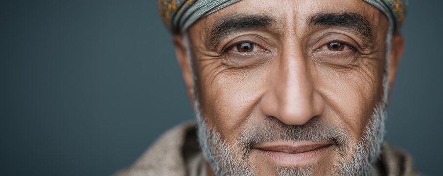 Portrait of a senior middle eastern man in traditional attire with warm expression and traditional cap