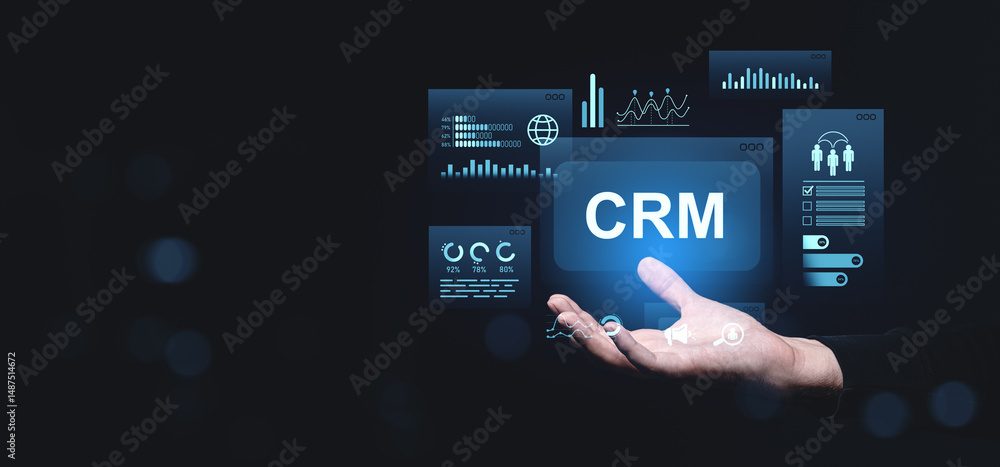 Poster crm system interface with analytics and customer data visuals floating above a hand in futuristic di