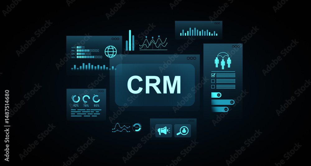 Poster crm dashboard interface concept with futuristic ui elements and glowing infographics for business da