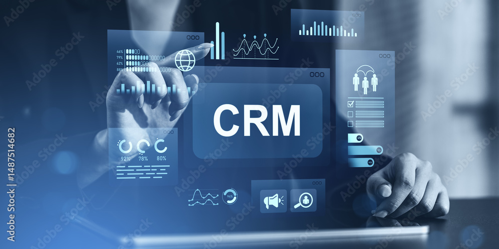 Poster businesswoman interacting with crm system interface showing charts, analytics and user icons in futu
