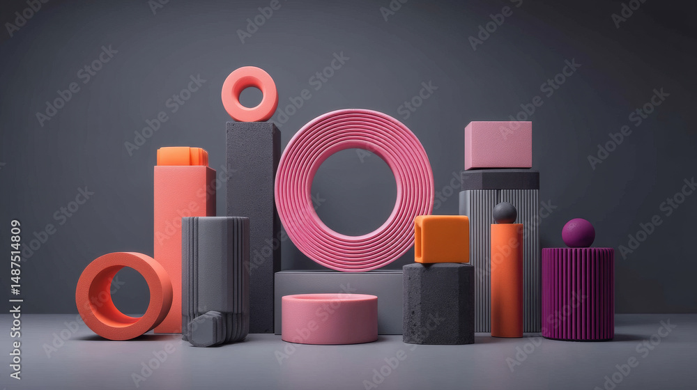 Poster abstract geometric shapes in vibrant colors against a dark background create visual intrigue.