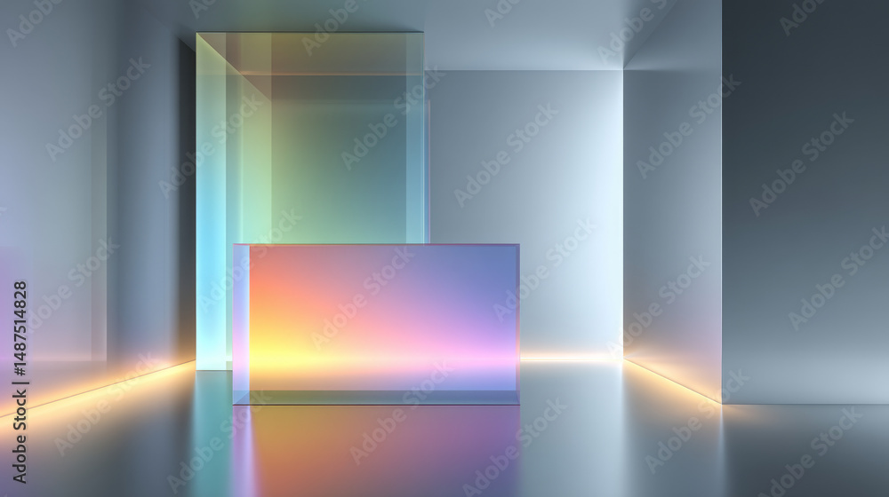 Poster abstract geometric shapes with colorful reflections in a modern digital environment.