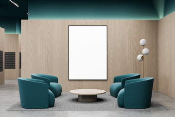 Modern interior lounge with blank poster mockup on wooden wall surrounded by teal armchairs and floor lamp in clean minimalist setting. 3D Rendering