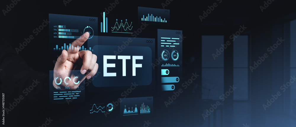 Poster hand interacting with etf data interface in futuristic digital environment.