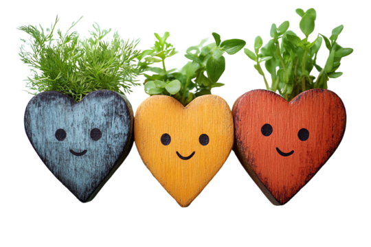 Three colorful heart-shaped planters with happy faces, filled with vibrant greenery on a white isolated background.