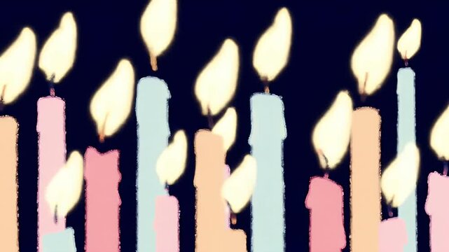 Group of Pastel Candles with Flickering Flames on Dark Blue Background