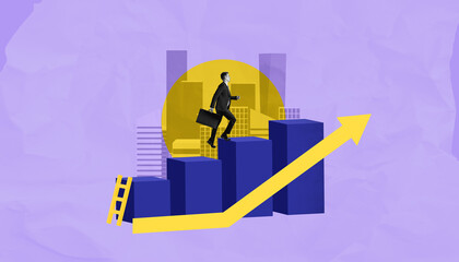 Businessman climbing graph bars with upward arrow and city backg