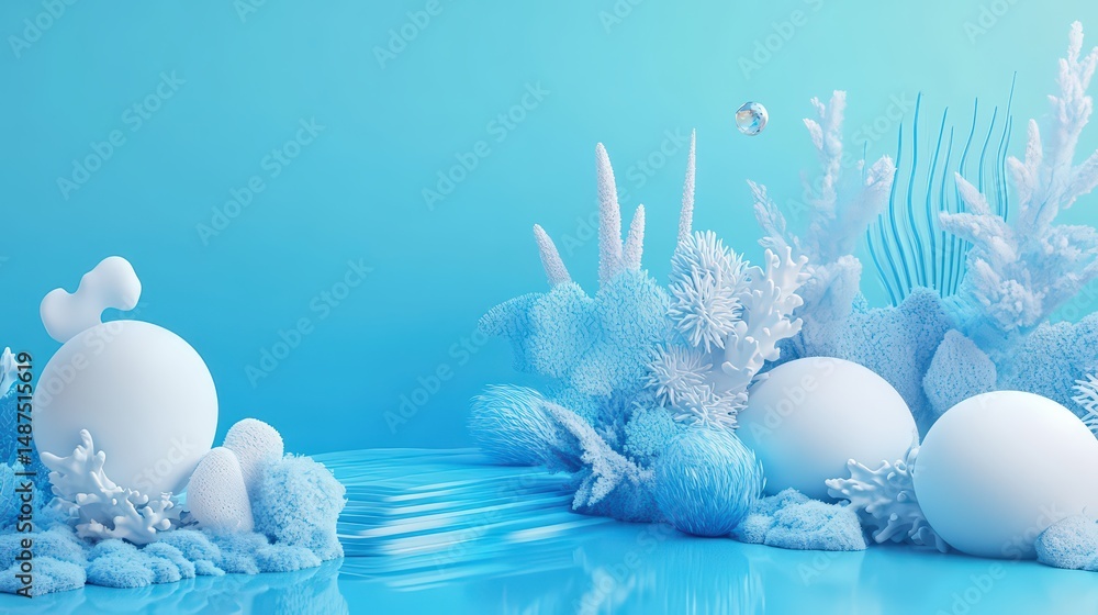 Poster surreal underwater scene with abstract forms and light blue backdrop for design