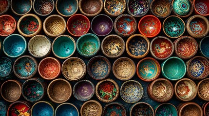 of vibrant ceramic bowls in a symmetrical circular layout