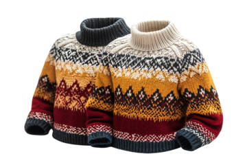 Two cozy knitted sweaters with intricate patterns, perfect for winter wear, isolated on a white background.
