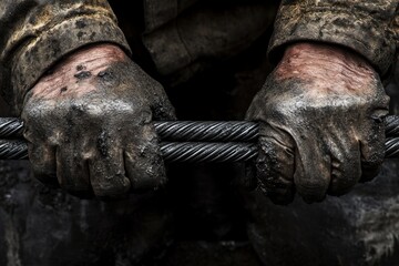 A close-up shot of a workers hands tying steel reinforcement bars, showing rough textures and hard work, clean and professional composition, copy space, natural color, minimalism, stock photography