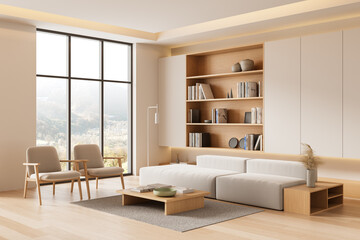 Modern minimalist interior with large windows, wood furniture, and neutral colors in a bright cozy living room with built-in shelving and books. 3D Rendering