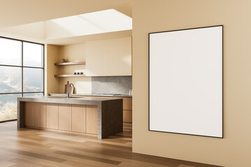 Modern interior kitchen with clean design and large blank poster mockup on wall under soft daylight for product or advertising presentation template. 3D Rendering