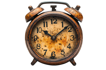 Vintage alarm clock with a rustic design, isolated on a white background.