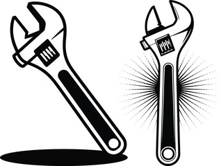 Vector Adjustable Wrench Set, Retro Tool Silhouettes for Mechanic & Repair Design.