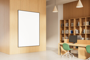 Modern interior with blank vertical poster mockup on wooden wall near minimalist office desk and bookshelf in bright workspace setting. 3D Rendering