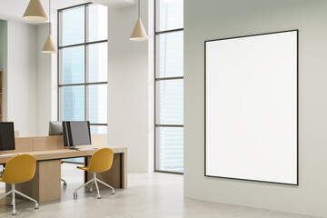 Blank poster mockup in modern office interior with light walls, large windows, wood desks, and yellow chairs for advertising or design display template. 3D Rendering