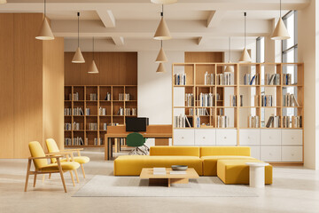 Modern interior library space with yellow seating, wood shelves, and minimalist design in warm tones under pendant lights. 3D Rendering. 3D Rendering