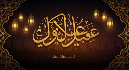 Eid al-Fitr Greetings Concept – Islamic Holiday with Crescent Moon and Mosque Silhouette