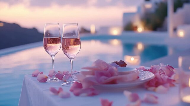 luxurious romantic background, two glass of champagne with flower and plate on table at poolside 