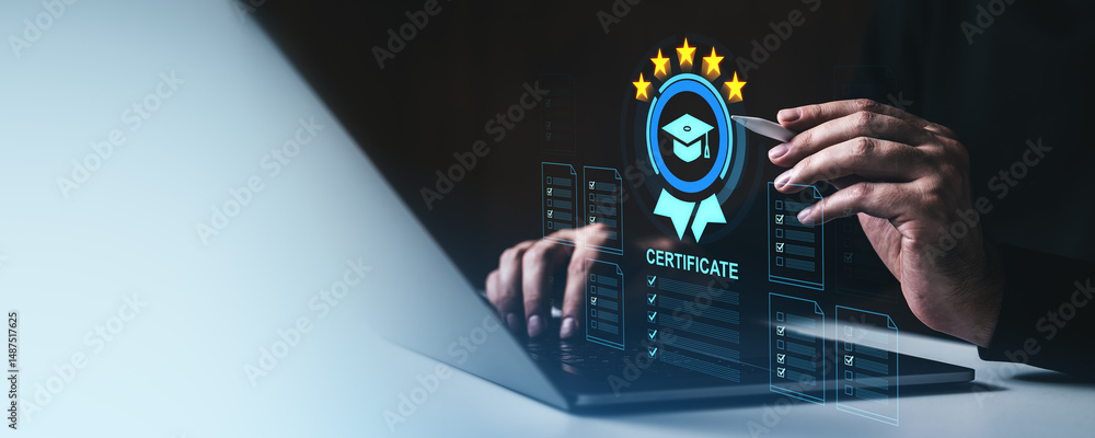 Poster online certificate rating and feedback system concept with digital interface on screen.