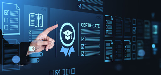 Hand touching digital certificate icon with educational symbols on screen interface.
