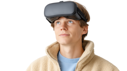 Young man wearing virtual reality headset, looking upwards, isolated on white background.