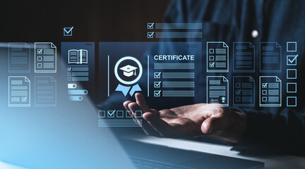 Digital certificate and online education icon hovering over a businessman hand.