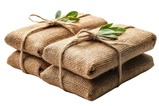 Wrapped packages of herbs in burlap bags, tied with twine and adorned with greenery, isolated on a clean white background.
