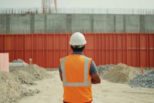 Title: A construction worker in a high-visibility vest and hard hat standing confidently with arms crossed in front of an active construction site, clean and professional composition, stock photograph