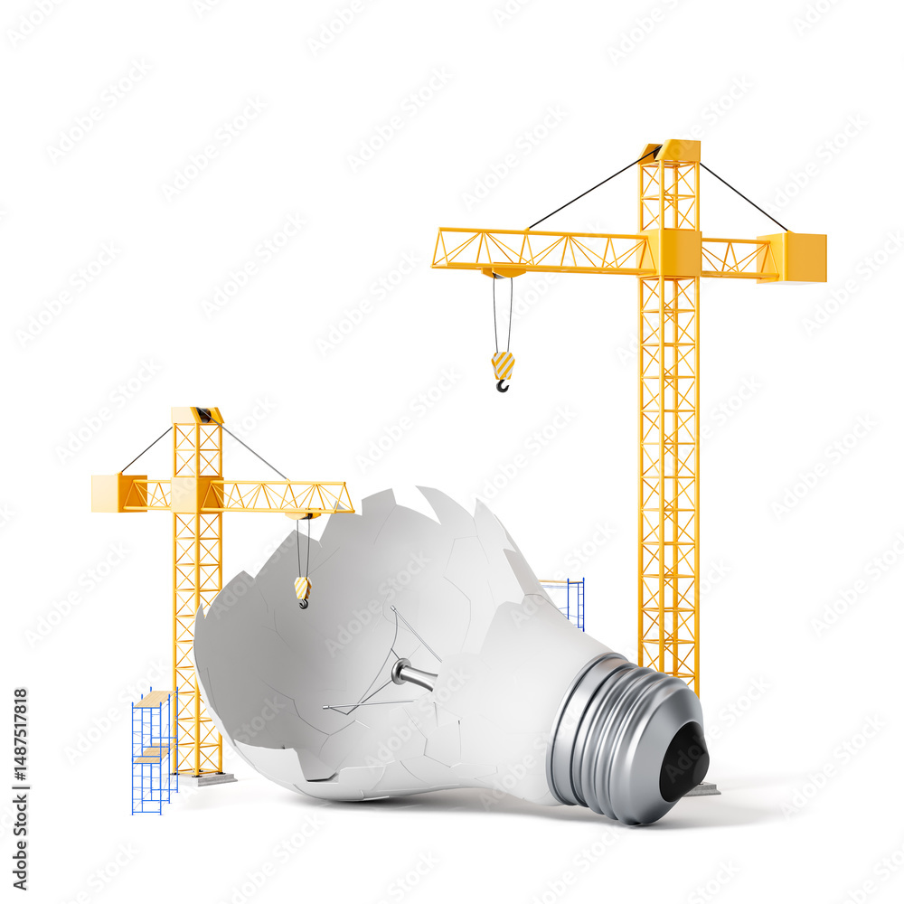 Poster construction cranes repairing a shattered light bulb symbolizing idea development and innovation con