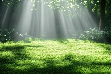 Obraz premium Sunbeams shine through trees onto a mossy forest floor, illuminating it. Use this nature background for magical, whimsical, and fantasy concepts.