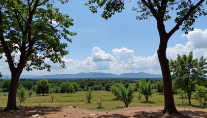 Expansive Countryside Landscape with Lush Green Trees Under a Blue Sky and Fluffy Clouds