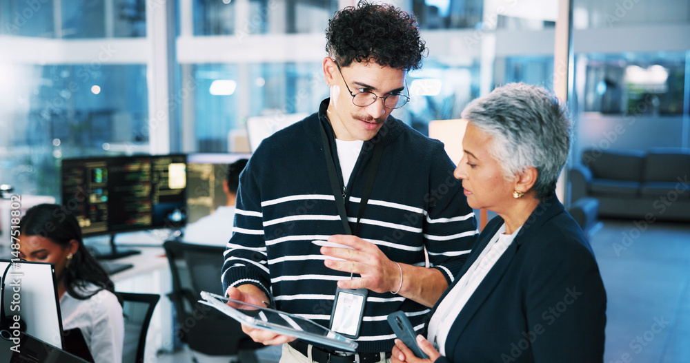 Poster Developer, tablet and advice with woman in office for software system or website update. Night, web designer or backend engineer with feedback for company development or workplace project management
