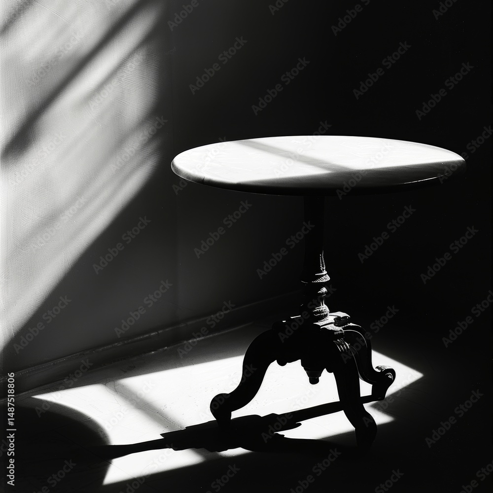 Poster table with dramatic light and shadow patterns