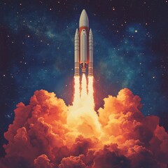 Fototapeta premium Pixel Art Rocket Launch Through Fiery Orange Clouds Against a Starry Night Sky